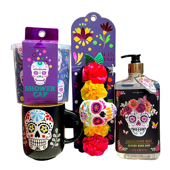 Sugar Skull Pampering Bundle NWT Sandalwood Hand Soap Mug Shower Cap Headband - Picture 2 of 3